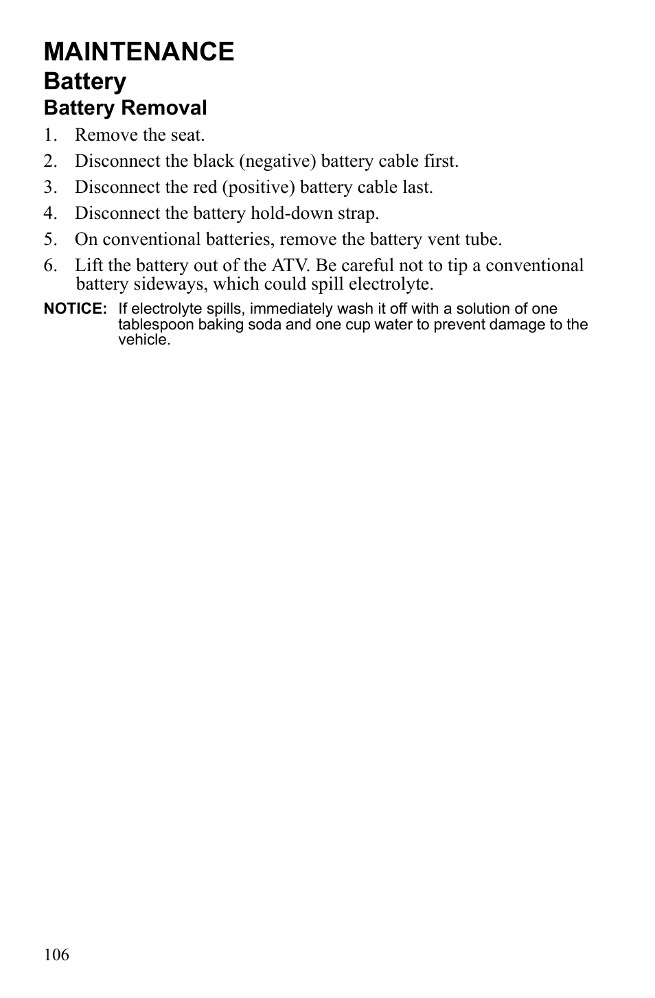 Maintenance, Battery | Polaris Sportsman 9922452 User Manual | Page 110 / 148