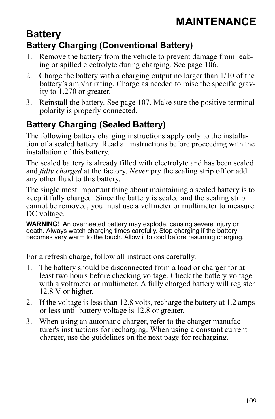 Maintenance, Battery | Polaris Sportsman 9922452 User Manual | Page 113 / 148