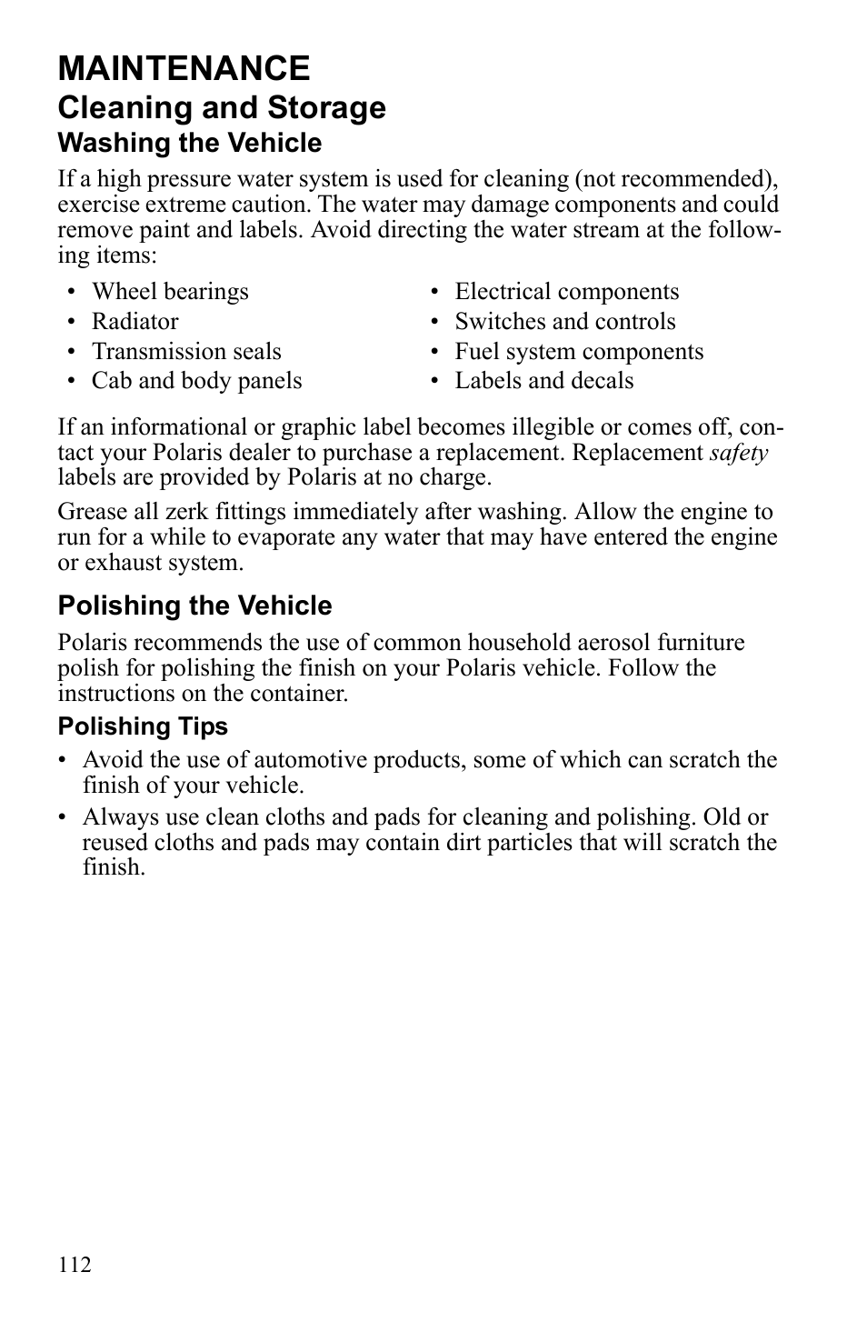 Maintenance, Cleaning and storage | Polaris Sportsman 9922452 User Manual | Page 116 / 148