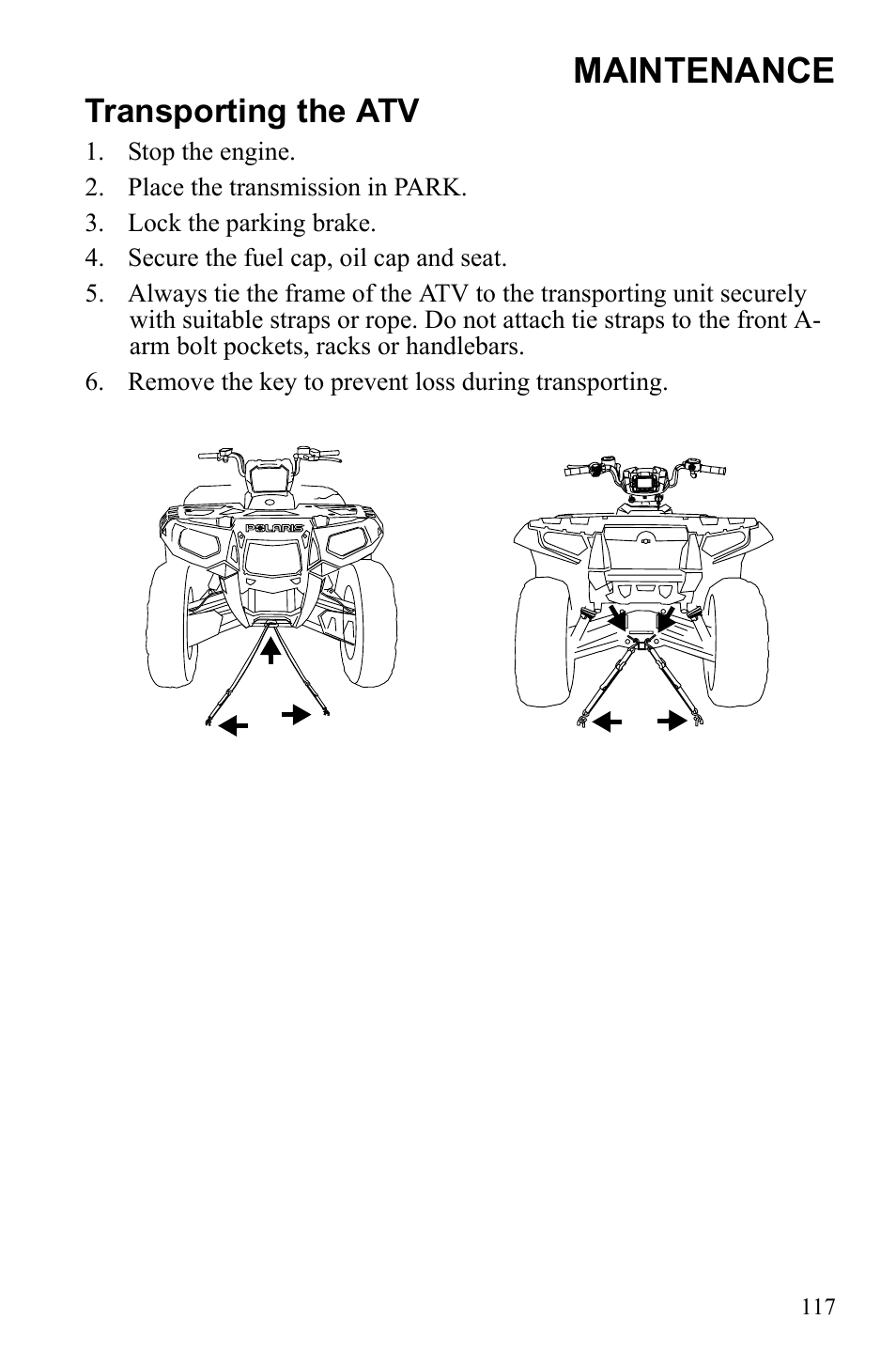 Maintenance, Transporting the atv | Polaris Sportsman 9922452 User Manual | Page 121 / 148