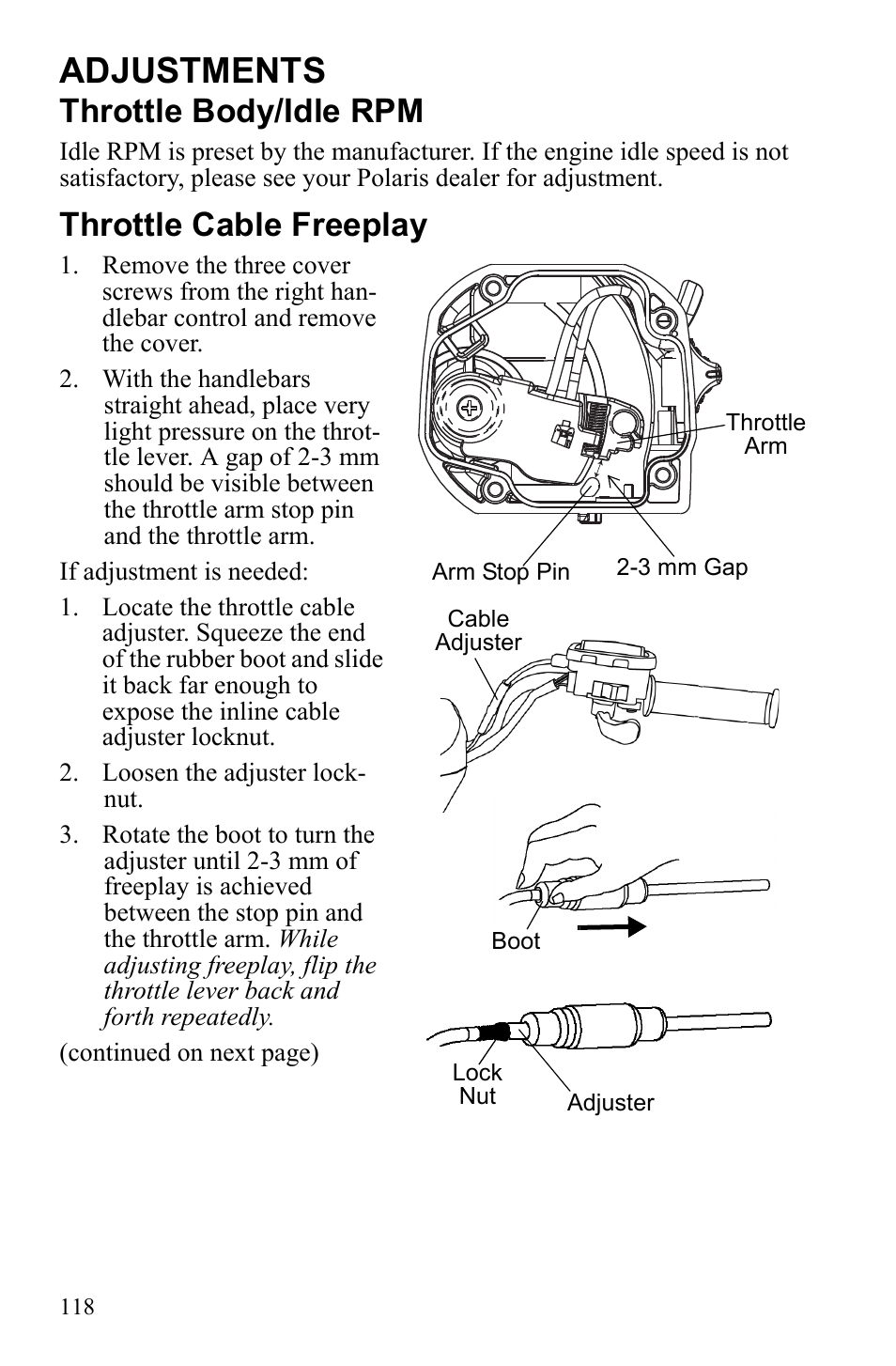 Adjustments, Throttle body/idle rpm, Throttle cable freeplay | Polaris Sportsman 9922452 User Manual | Page 122 / 148