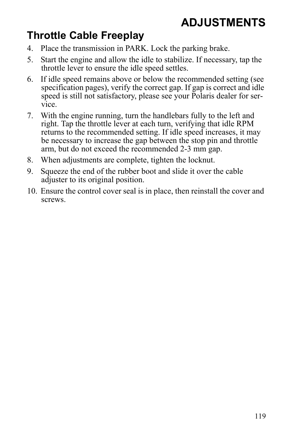 Adjustments, Throttle cable freeplay | Polaris Sportsman 9922452 User Manual | Page 123 / 148