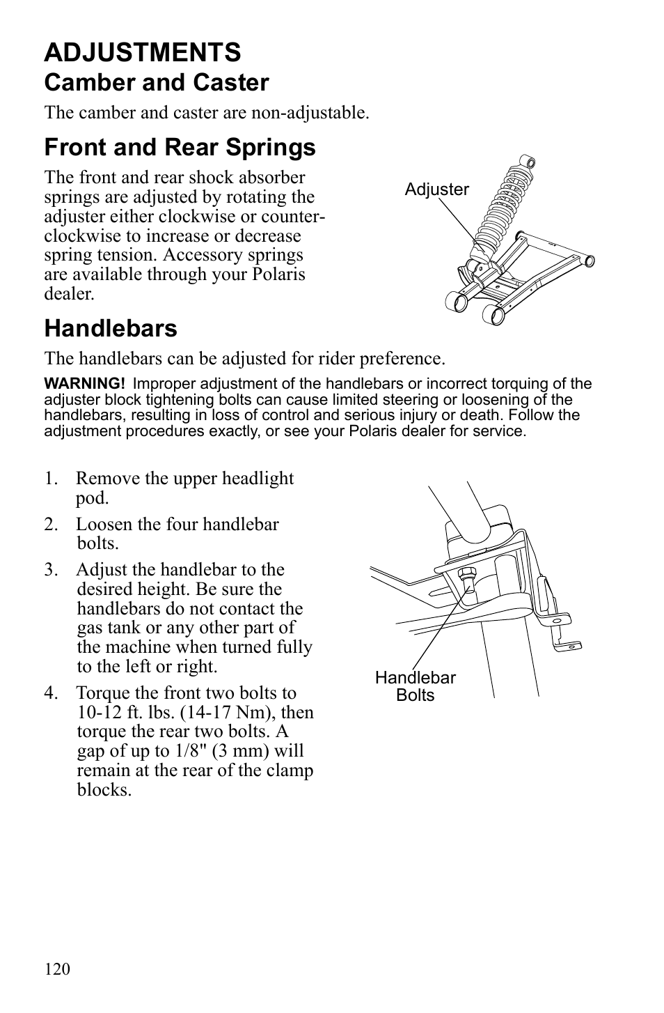 Adjustments, Camber and caster, Front and rear springs | Handlebars | Polaris Sportsman 9922452 User Manual | Page 124 / 148
