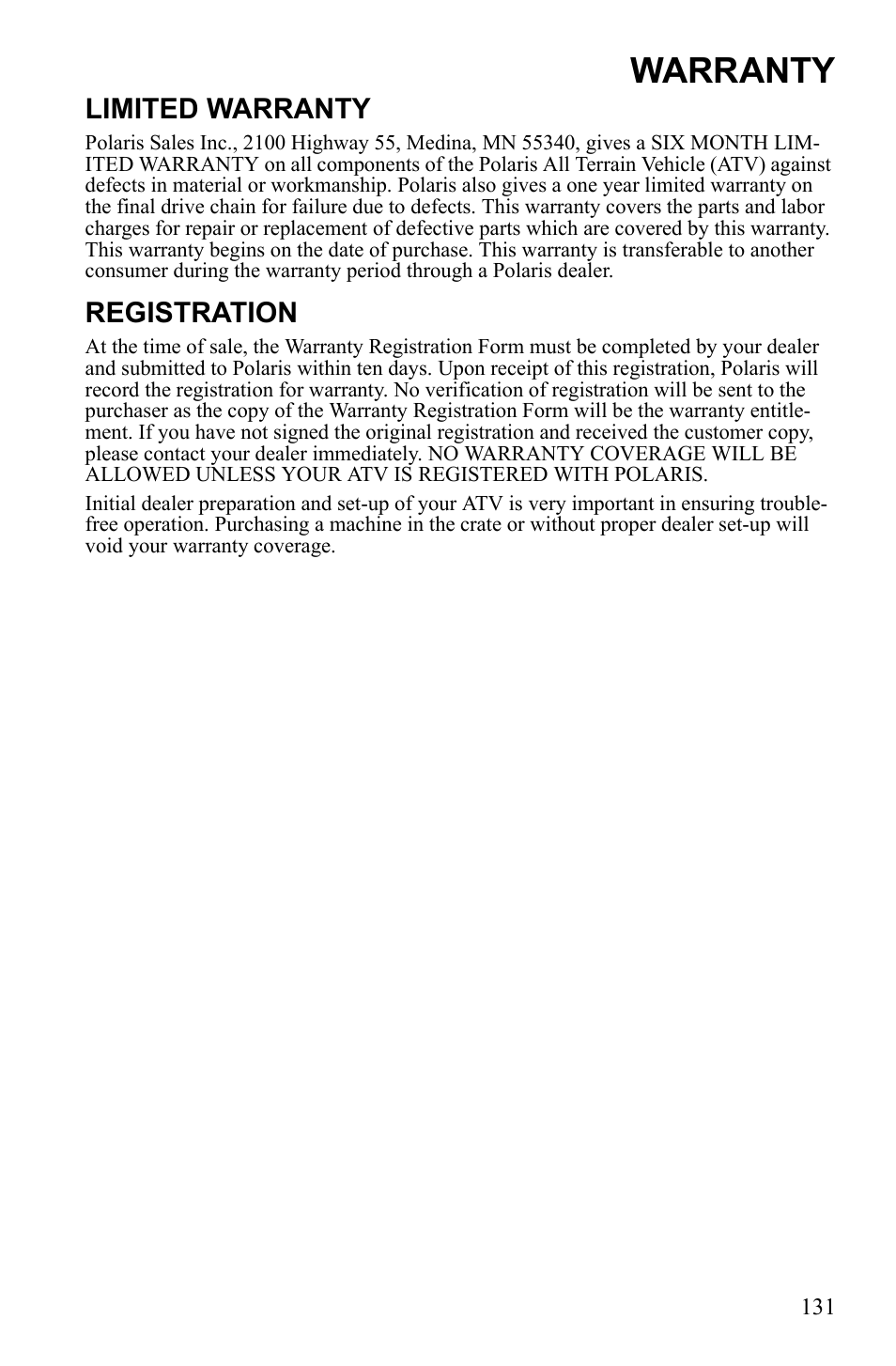 Warranty, Limited warranty, Registration | Polaris Sportsman 9922452 User Manual | Page 135 / 148