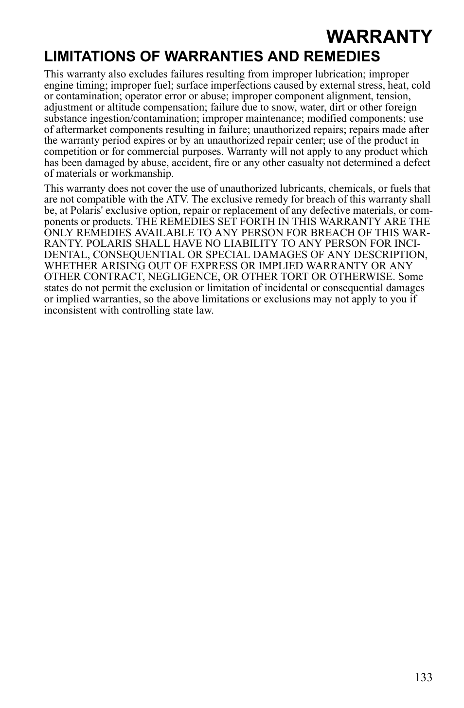 Warranty, Limitations of warranties and remedies | Polaris Sportsman 9922452 User Manual | Page 137 / 148