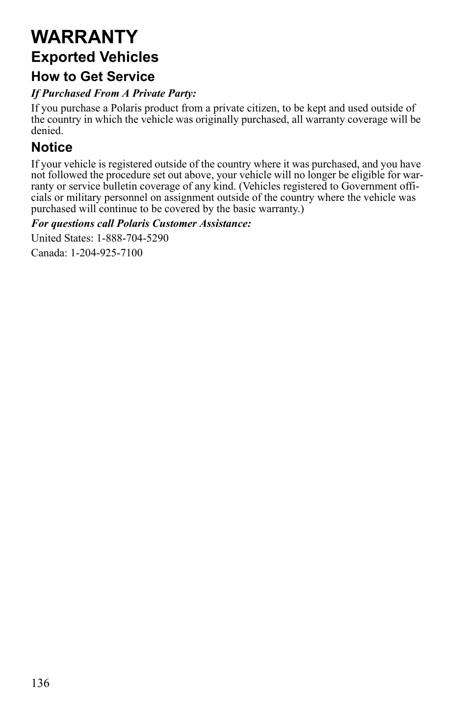 Warranty, Exported vehicles | Polaris Sportsman 9922452 User Manual | Page 140 / 148