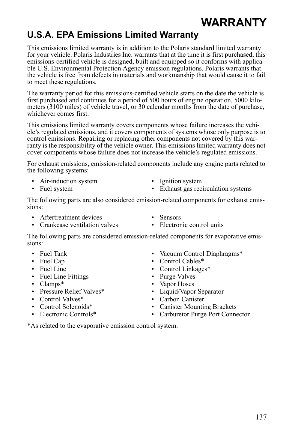 Warranty, U.s.a. epa emissions limited warranty | Polaris Sportsman 9922452 User Manual | Page 141 / 148