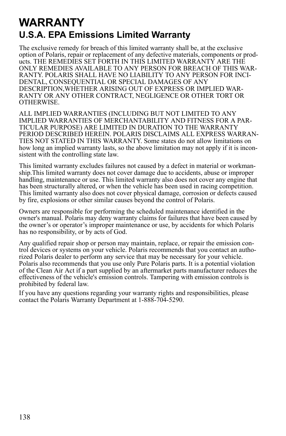 Warranty, U.s.a. epa emissions limited warranty | Polaris Sportsman 9922452 User Manual | Page 142 / 148