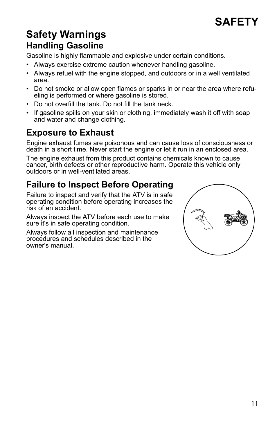 Safety, Safety warnings, Handling gasoline | Exposure to exhaust, Failure to inspect before operating | Polaris Sportsman 9922452 User Manual | Page 15 / 148