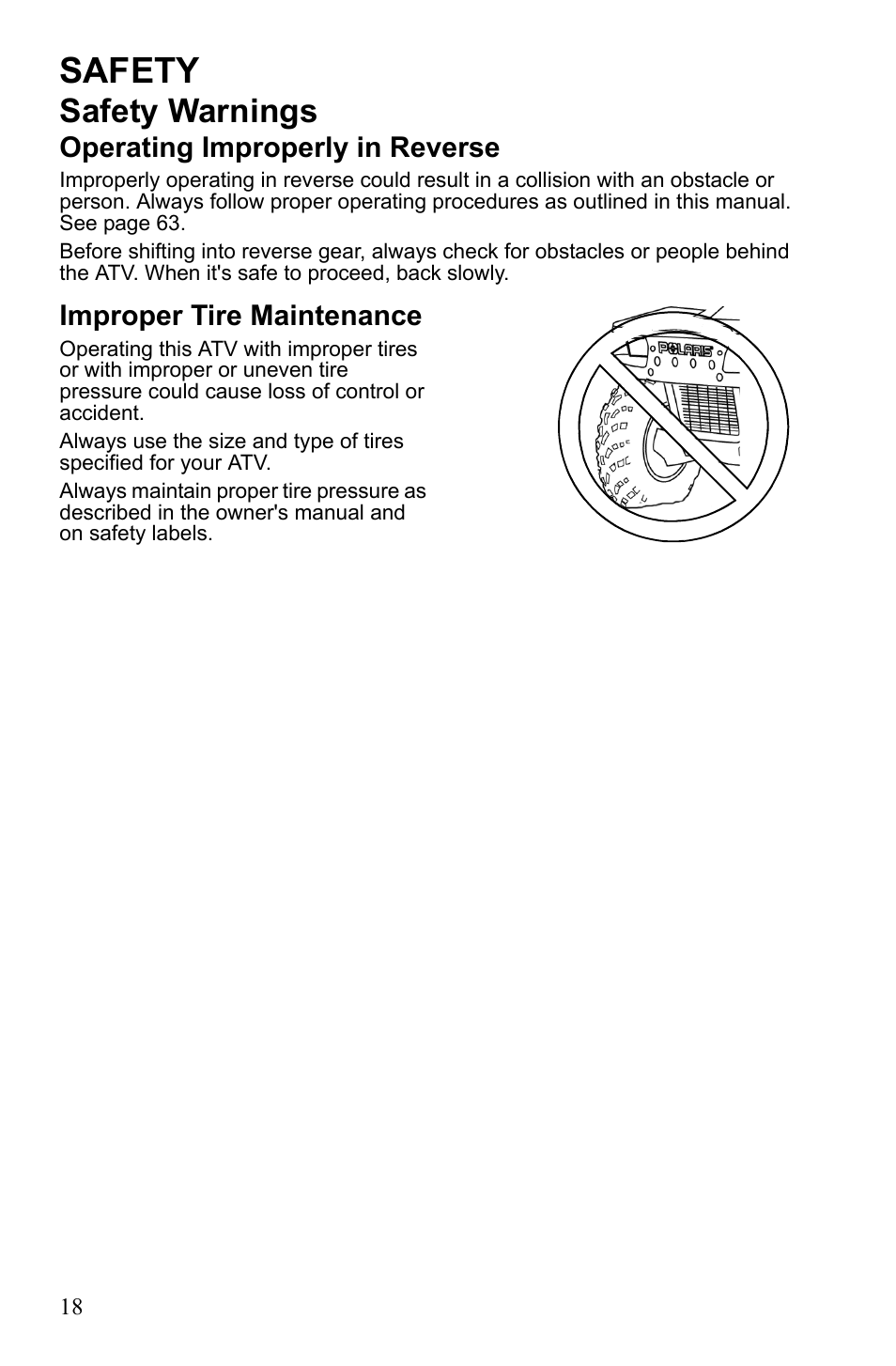 Safety, Safety warnings, Operating improperly in reverse | Improper tire maintenance | Polaris Sportsman 9922452 User Manual | Page 22 / 148