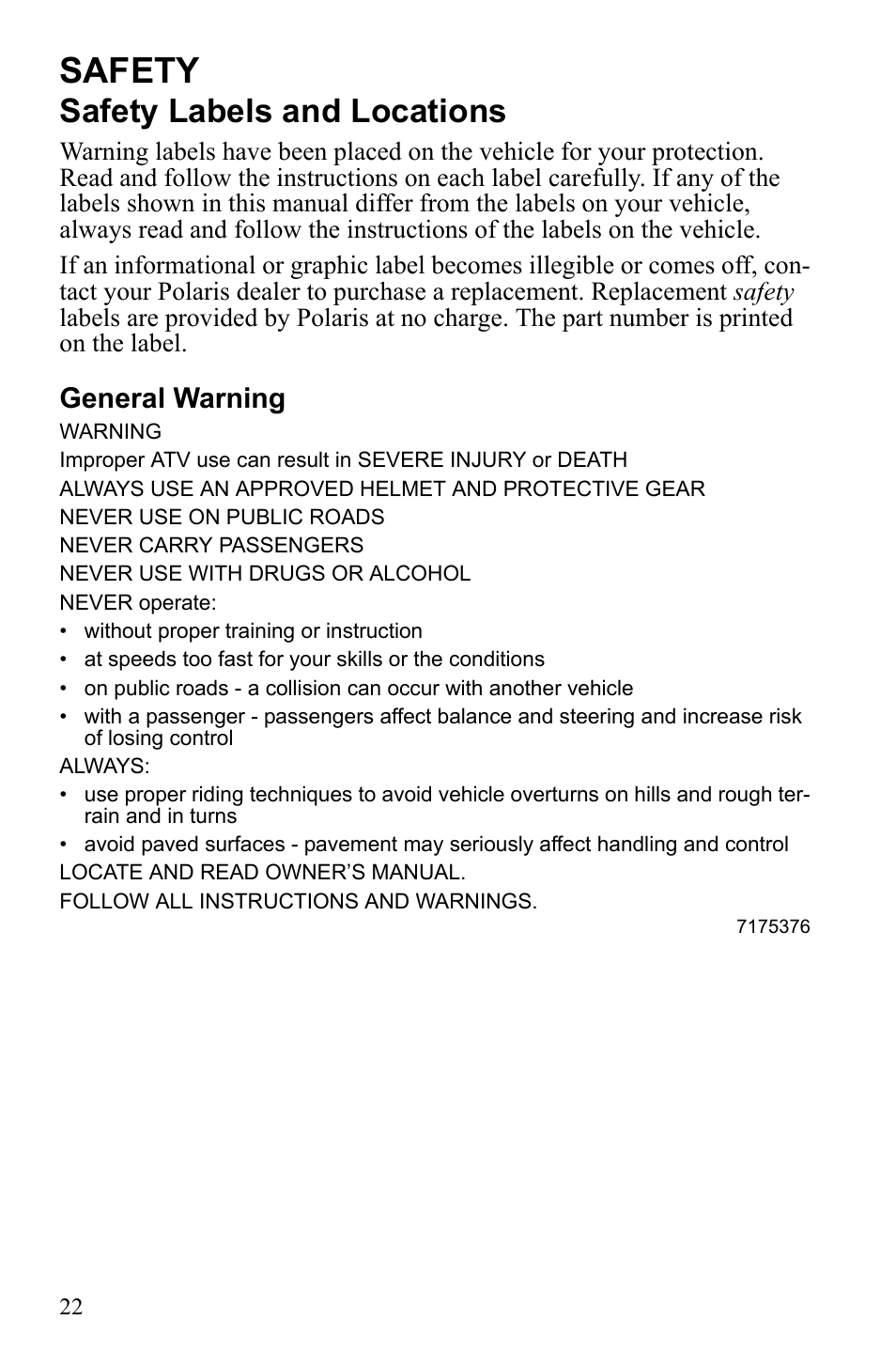 Safety, Safety labels and locations, General warning | Polaris Sportsman 9922452 User Manual | Page 26 / 148