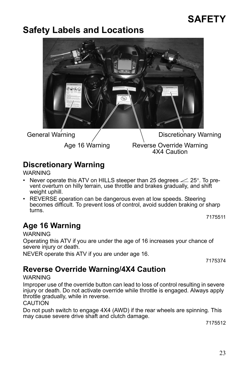 Safety, Safety labels and locations, Discretionary warning | Age 16 warning, Reverse override warning/4x4 caution | Polaris Sportsman 9922452 User Manual | Page 27 / 148