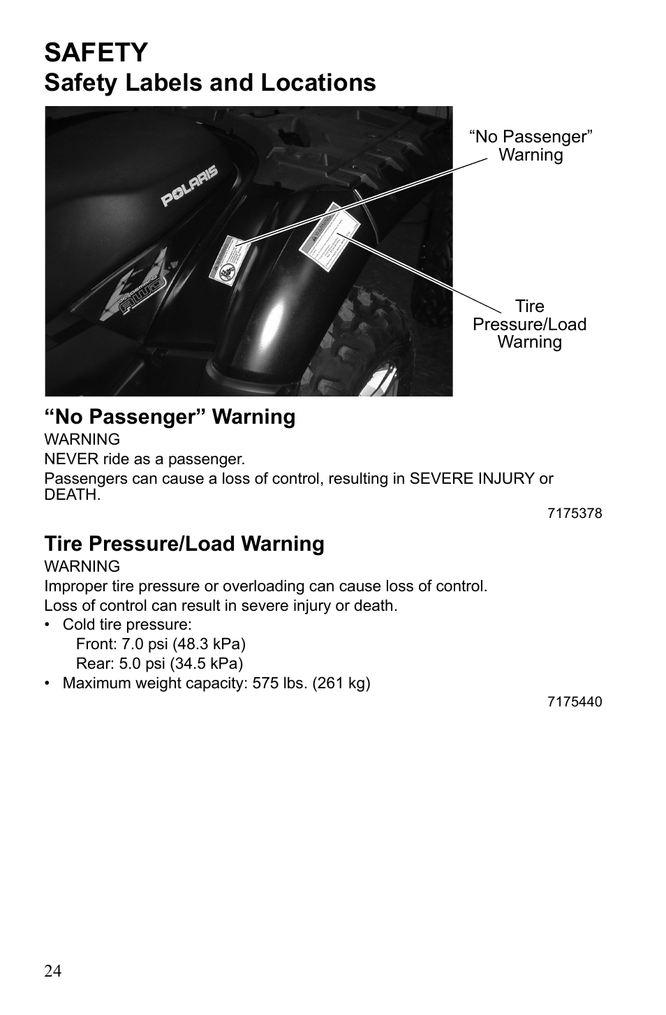 Safety, Safety labels and locations, No passenger” warning | Tire pressure/load warning | Polaris Sportsman 9922452 User Manual | Page 28 / 148