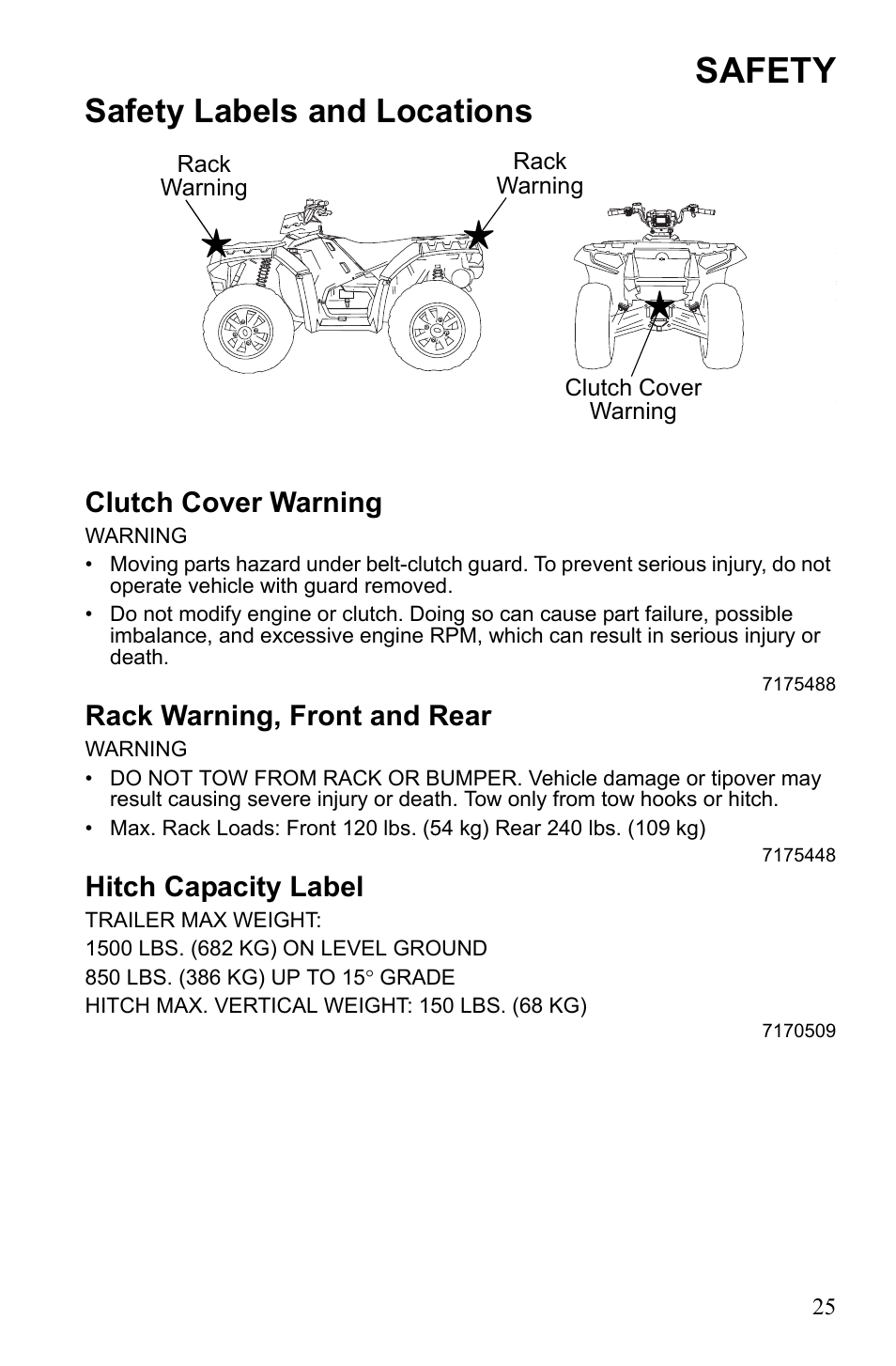 Safety, Safety labels and locations, Clutch cover warning | Rack warning, front and rear, Hitch capacity label | Polaris Sportsman 9922452 User Manual | Page 29 / 148