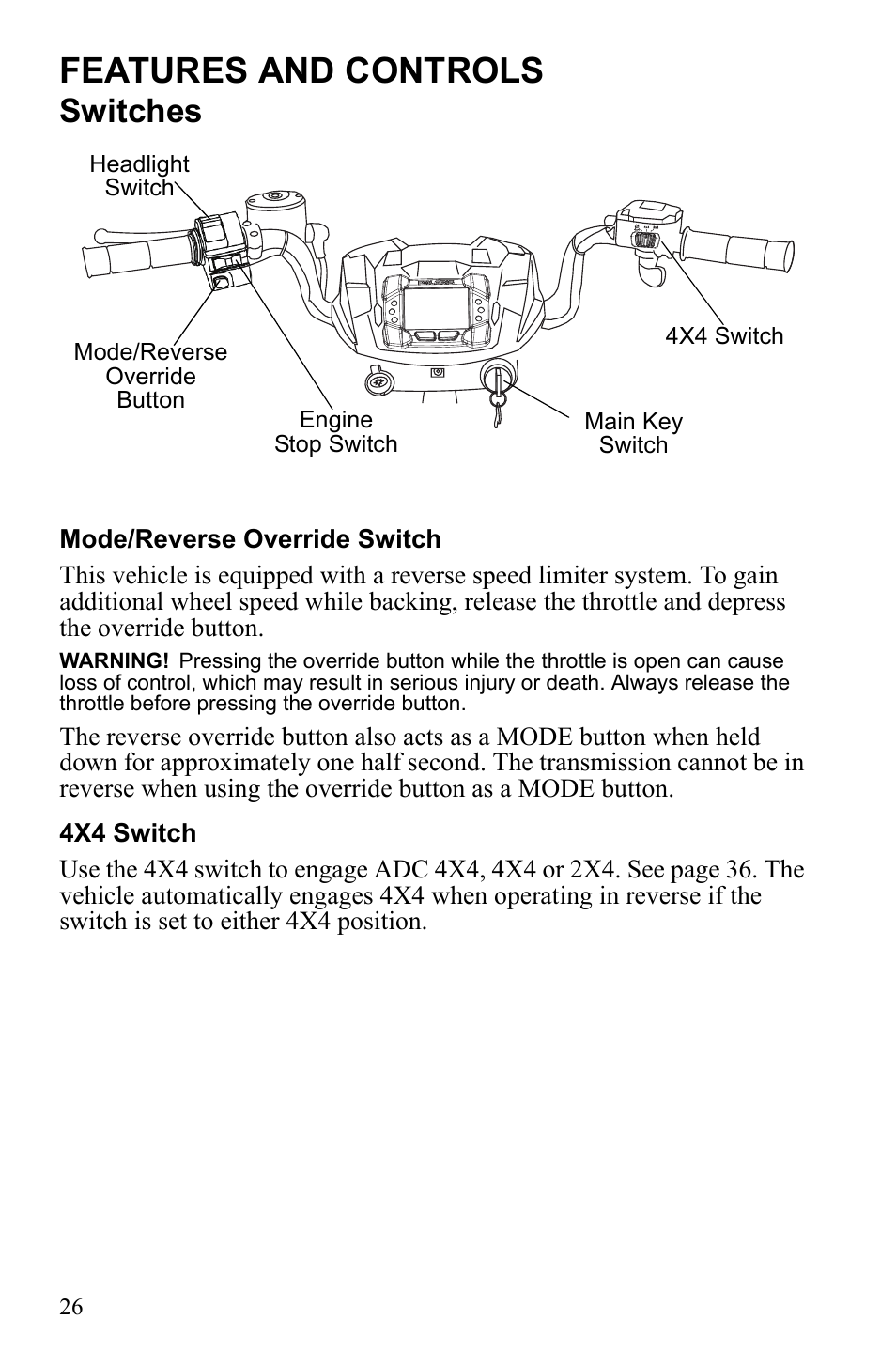 Features and controls, Switches | Polaris Sportsman 9922452 User Manual | Page 30 / 148