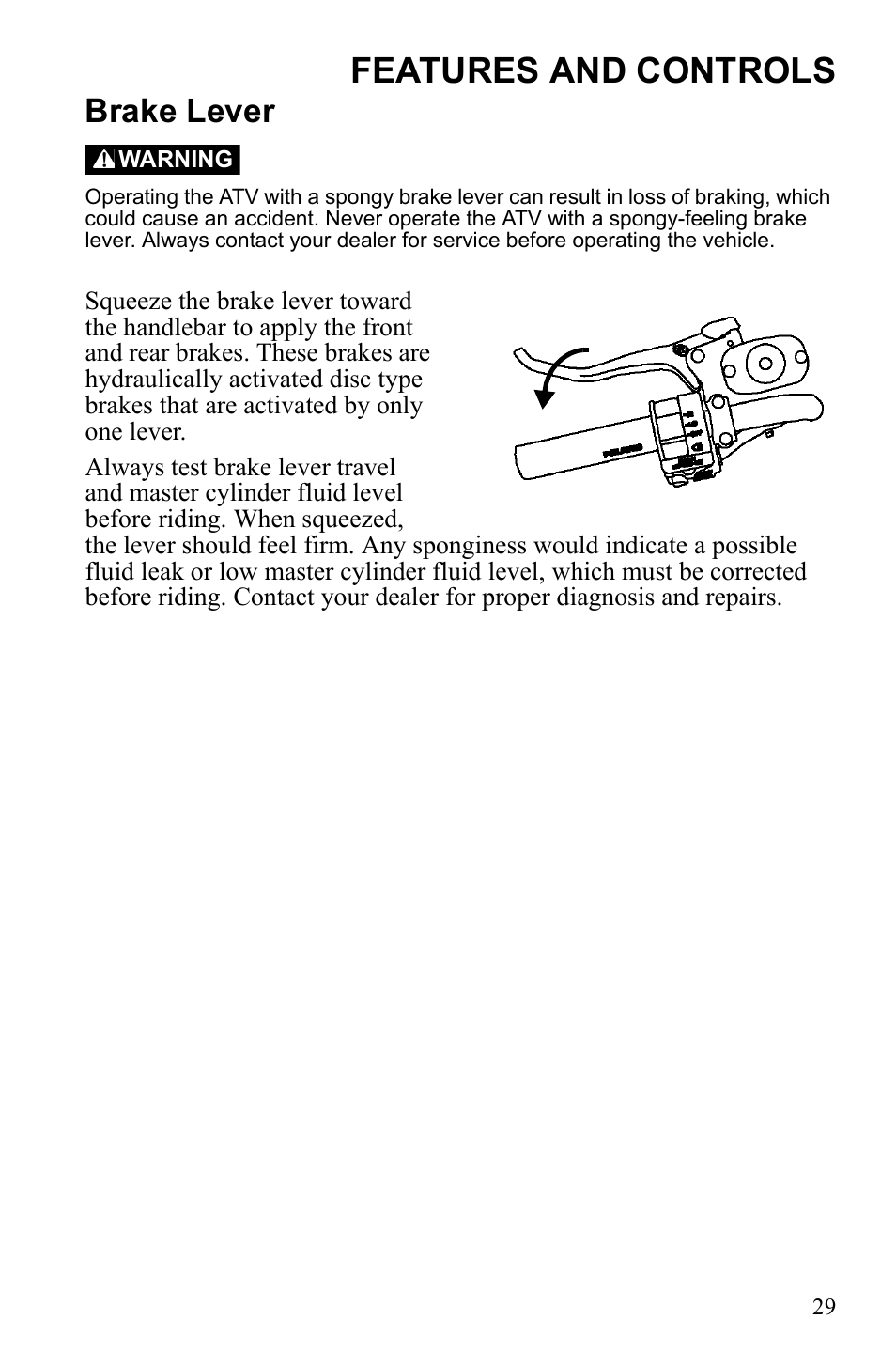 Features and controls, Brake lever | Polaris Sportsman 9922452 User Manual | Page 33 / 148