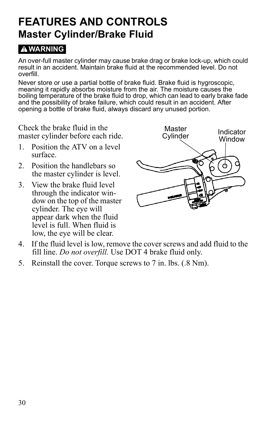 Features and controls, Master cylinder/brake fluid | Polaris Sportsman 9922452 User Manual | Page 34 / 148