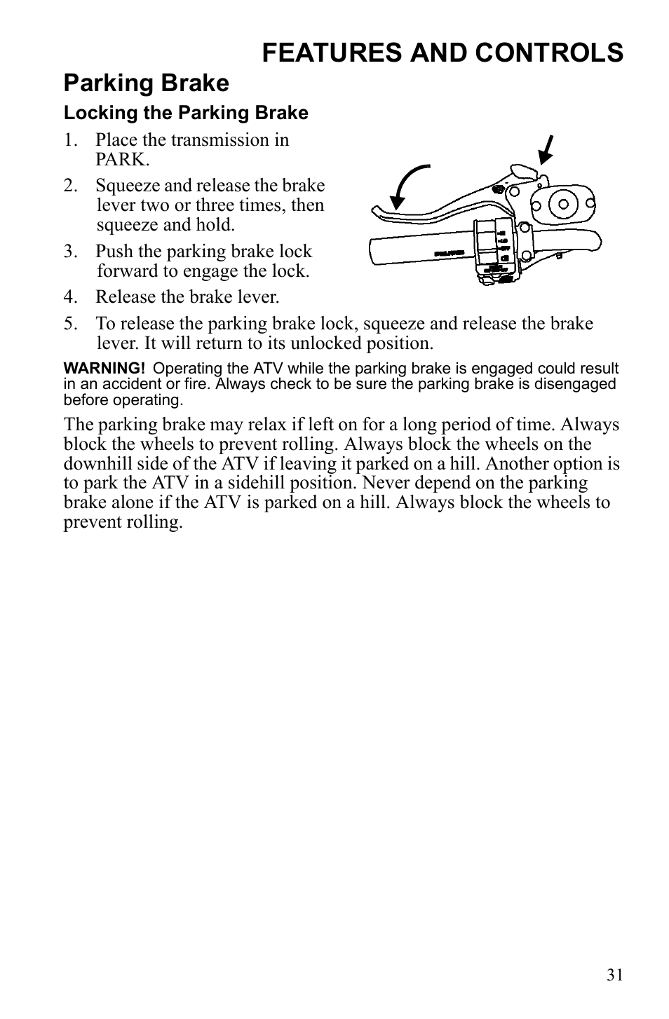 Features and controls, Parking brake | Polaris Sportsman 9922452 User Manual | Page 35 / 148
