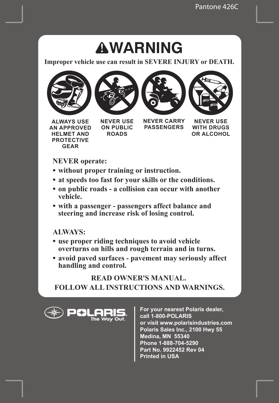 Warning | Polaris Sportsman 9922452 User Manual | Page 4 / 148