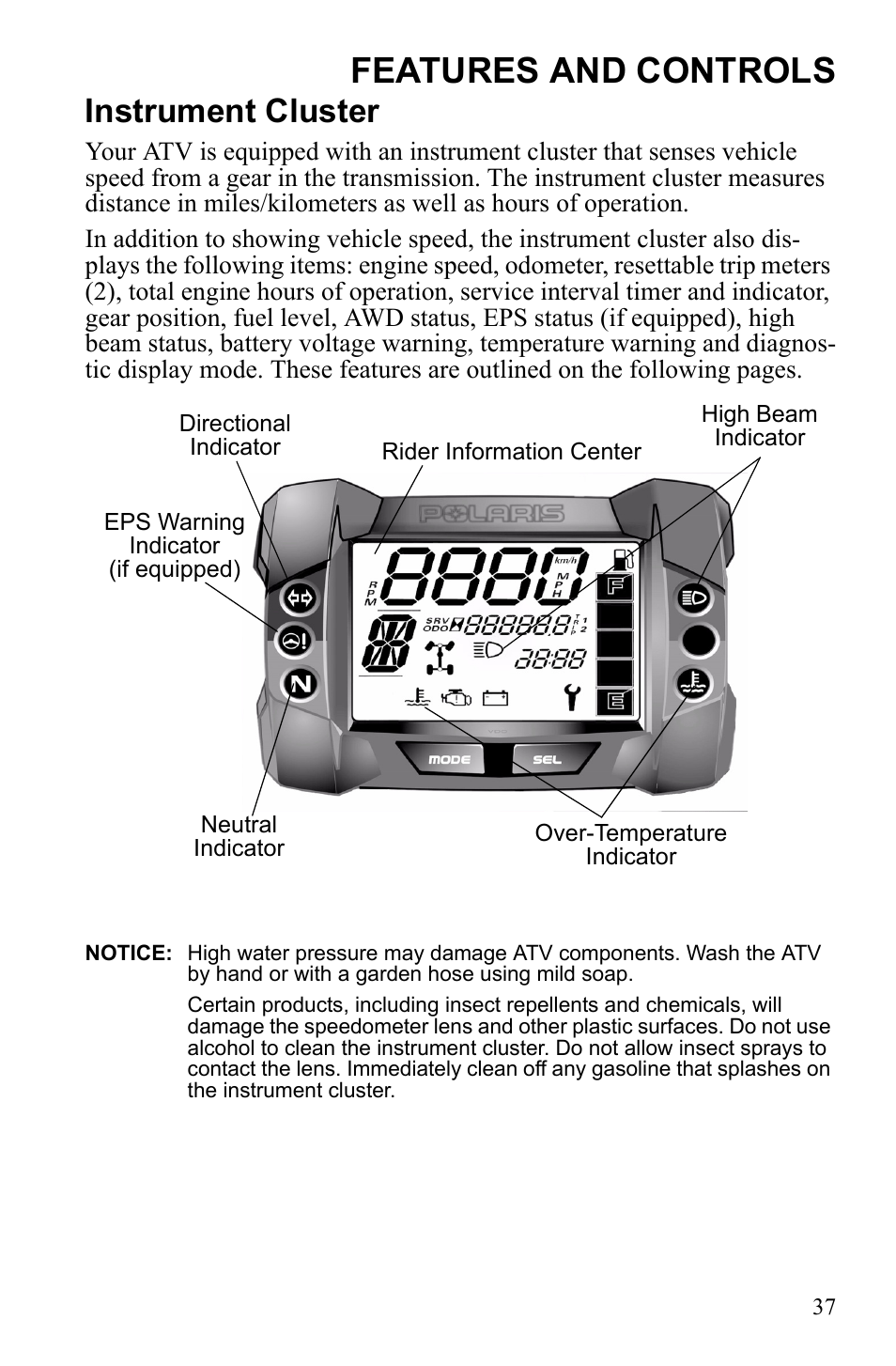Features and controls, Instrument cluster | Polaris Sportsman 9922452 User Manual | Page 41 / 148