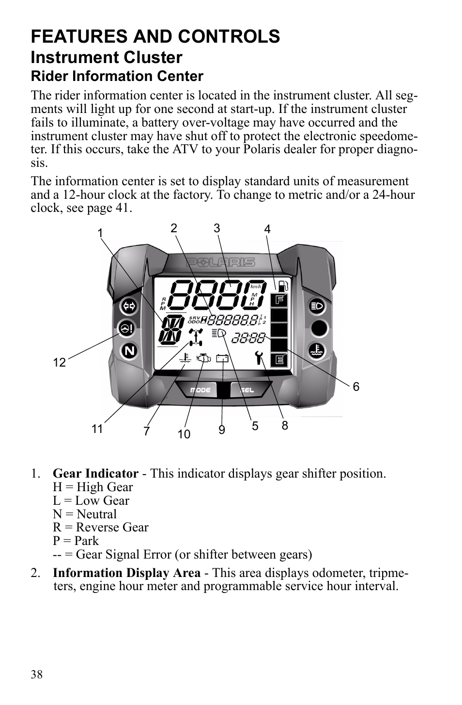 Features and controls, Instrument cluster | Polaris Sportsman 9922452 User Manual | Page 42 / 148