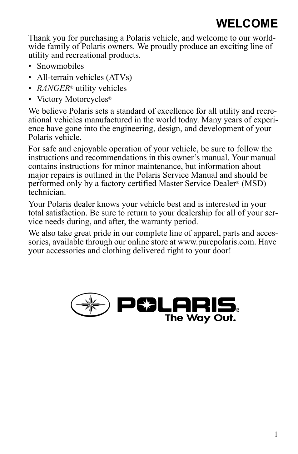 Welcome | Polaris Sportsman 9922452 User Manual | Page 5 / 148