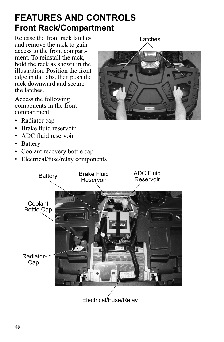 Features and controls, Front rack/compartment | Polaris Sportsman 9922452 User Manual | Page 52 / 148