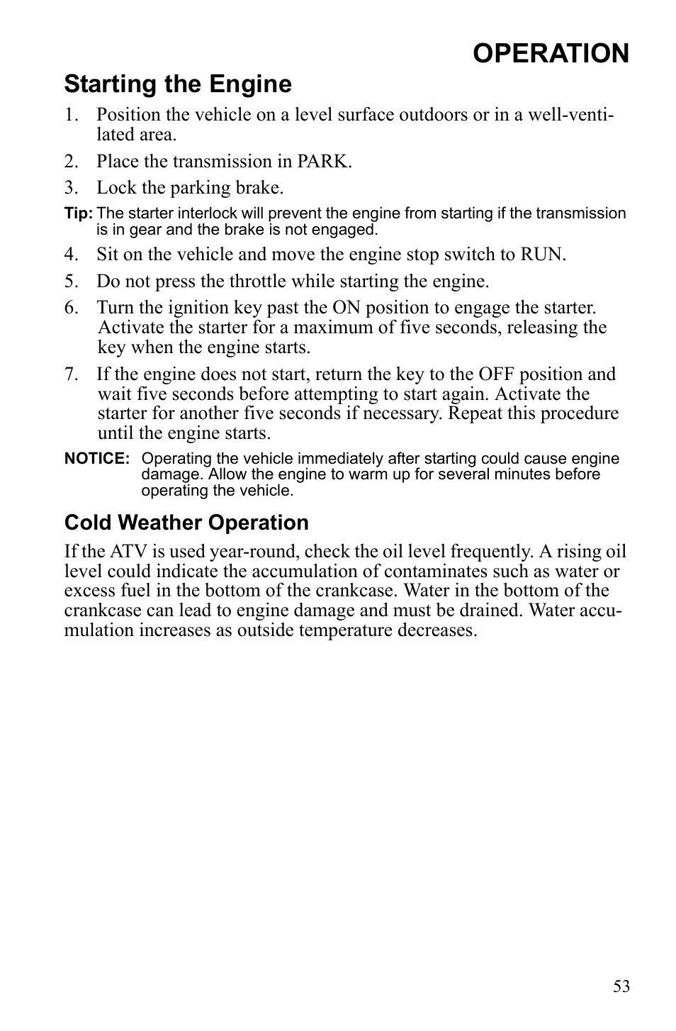Operation, Starting the engine | Polaris Sportsman 9922452 User Manual | Page 57 / 148