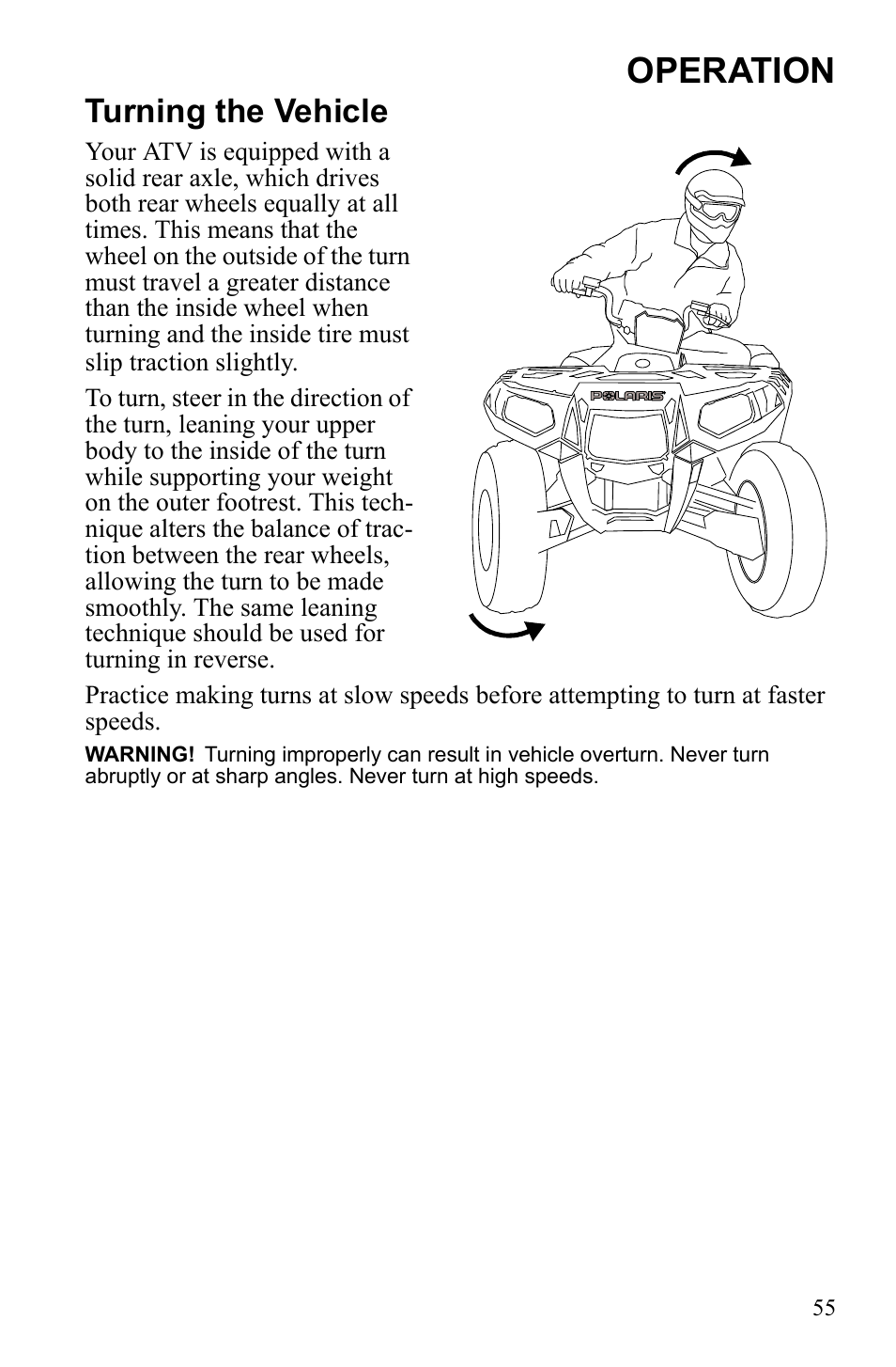 Operation, Turning the vehicle | Polaris Sportsman 9922452 User Manual | Page 59 / 148