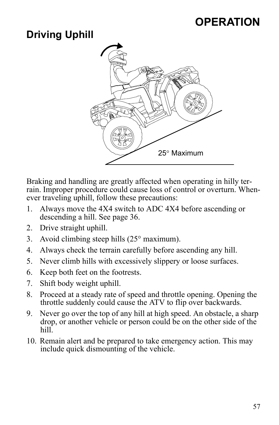 Operation, Driving uphill | Polaris Sportsman 9922452 User Manual | Page 61 / 148
