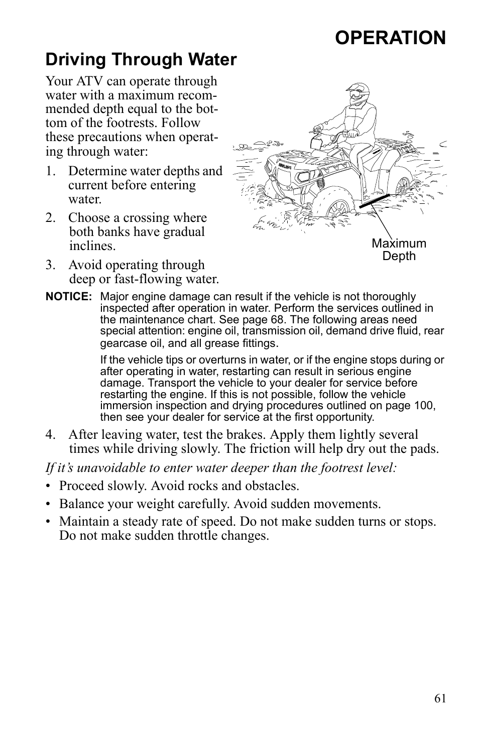 Operation, Driving through water | Polaris Sportsman 9922452 User Manual | Page 65 / 148