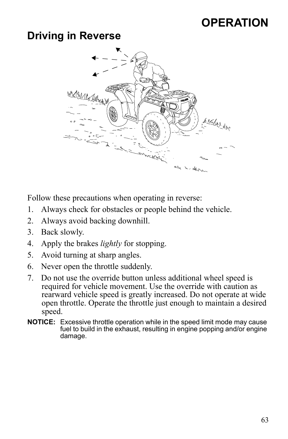 Operation, Driving in reverse | Polaris Sportsman 9922452 User Manual | Page 67 / 148