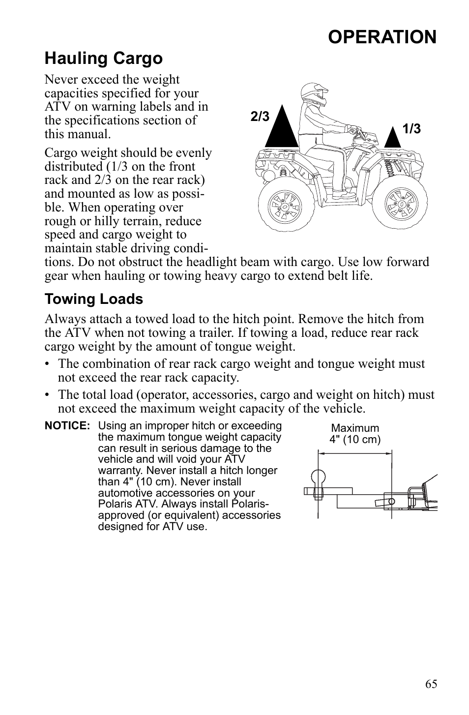 Operation, Hauling cargo, Towing loads | Polaris Sportsman 9922452 User Manual | Page 69 / 148