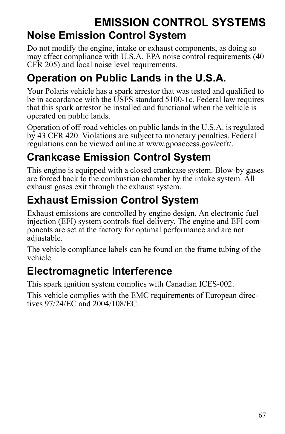 Emission control systems, Noise emission control system, Operation on public lands in the u.s.a | Crankcase emission control system, Exhaust emission control system, Electromagnetic interference | Polaris Sportsman 9922452 User Manual | Page 71 / 148