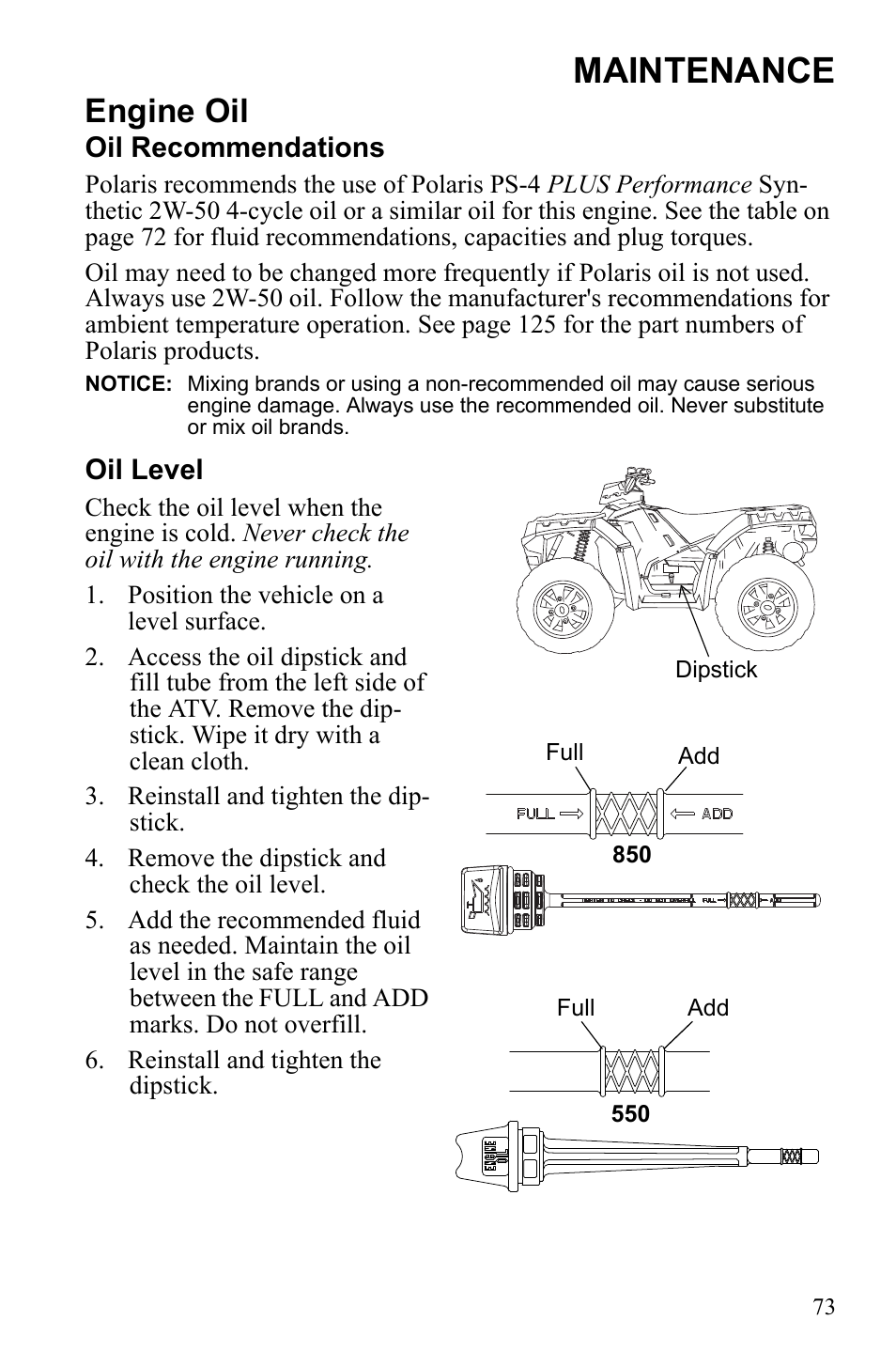 Maintenance, Engine oil | Polaris Sportsman 9922452 User Manual | Page 77 / 148