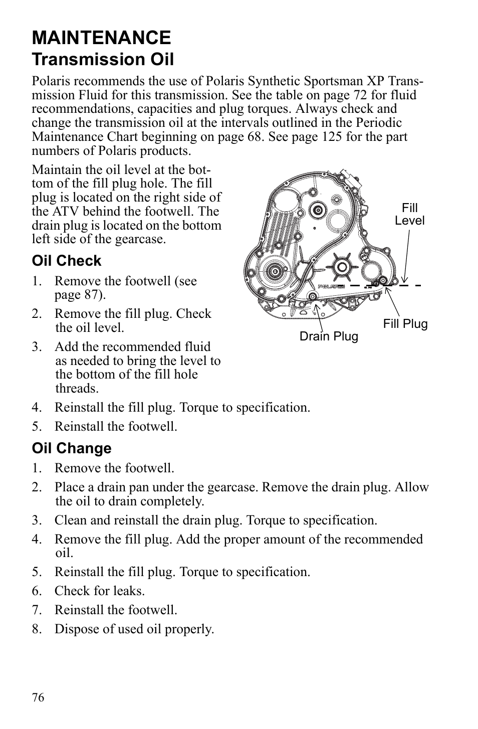 Maintenance, Transmission oil | Polaris Sportsman 9922452 User Manual | Page 80 / 148