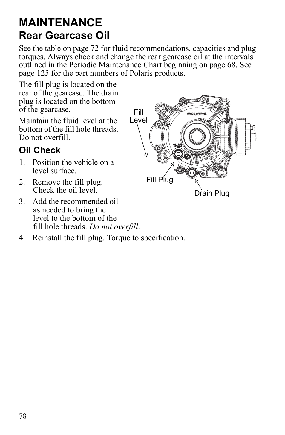 Maintenance, Rear gearcase oil | Polaris Sportsman 9922452 User Manual | Page 82 / 148