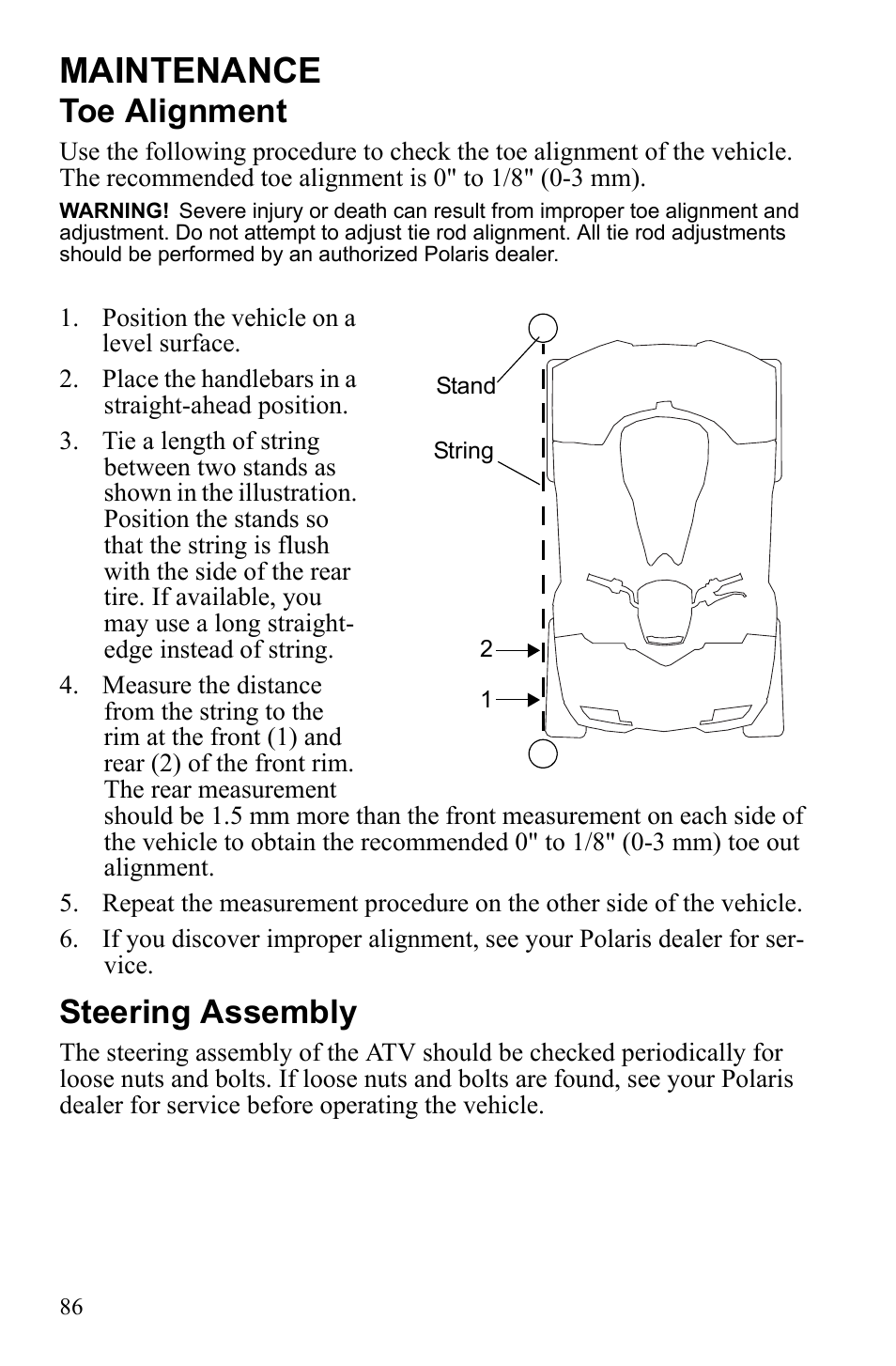 Maintenance, Toe alignment, Steering assembly | Polaris Sportsman 9922452 User Manual | Page 90 / 148