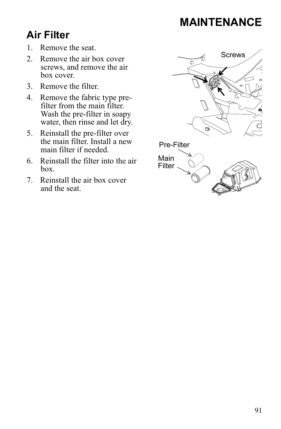 Maintenance, Air filter | Polaris Sportsman 9922452 User Manual | Page 95 / 148