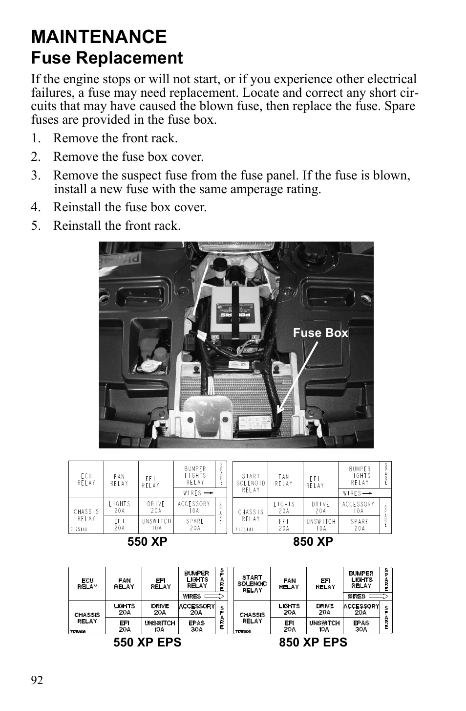 Maintenance, Fuse replacement | Polaris Sportsman 9922452 User Manual | Page 96 / 148