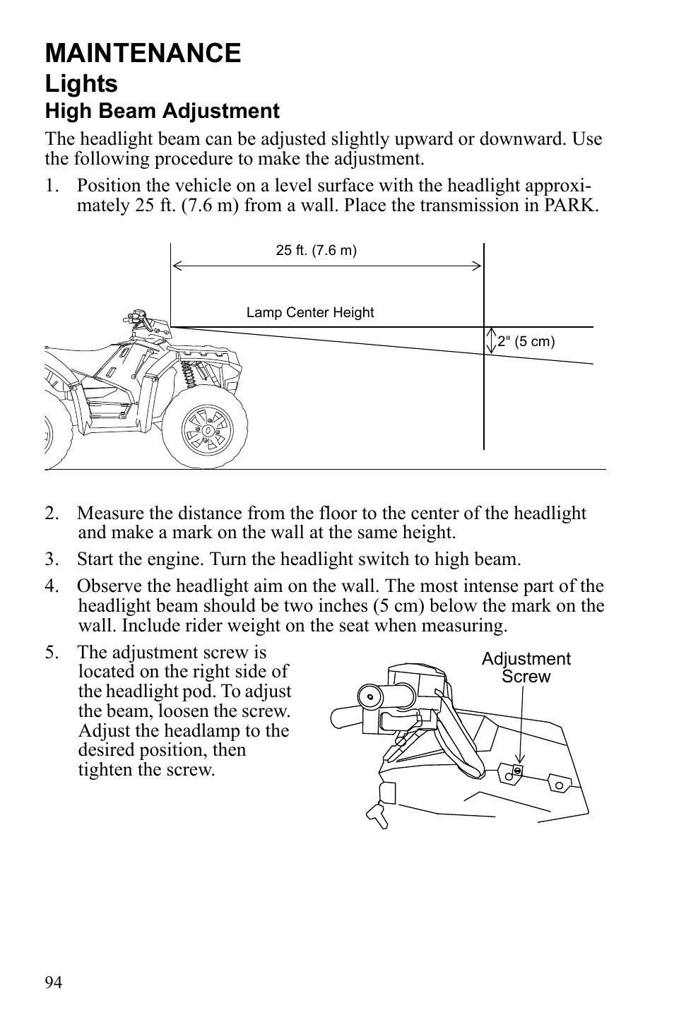 Maintenance, Lights, High beam adjustment | Polaris Sportsman 9922452 User Manual | Page 98 / 148
