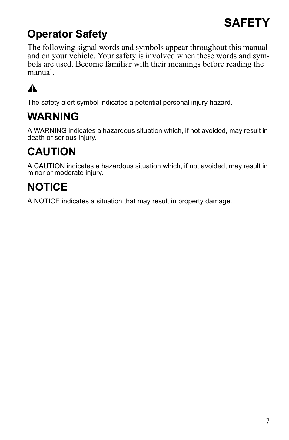 Safety, Operator safety, Warning | Caution, Notice | Polaris Widetrack LX User Manual | Page 10 / 127