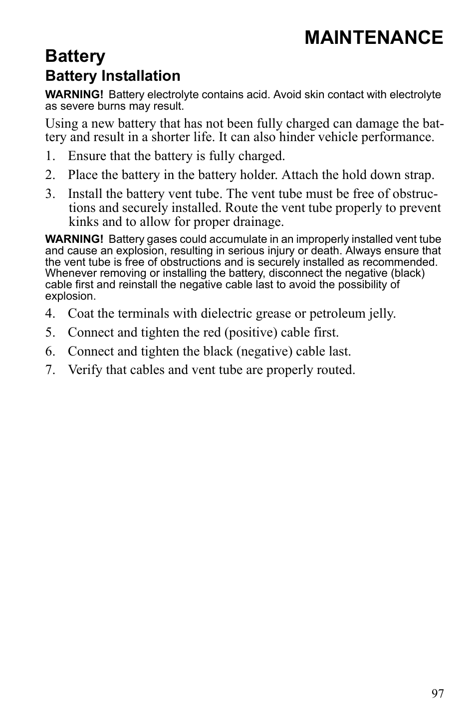 Maintenance, Battery, Battery installation | Polaris Widetrack LX User Manual | Page 100 / 127