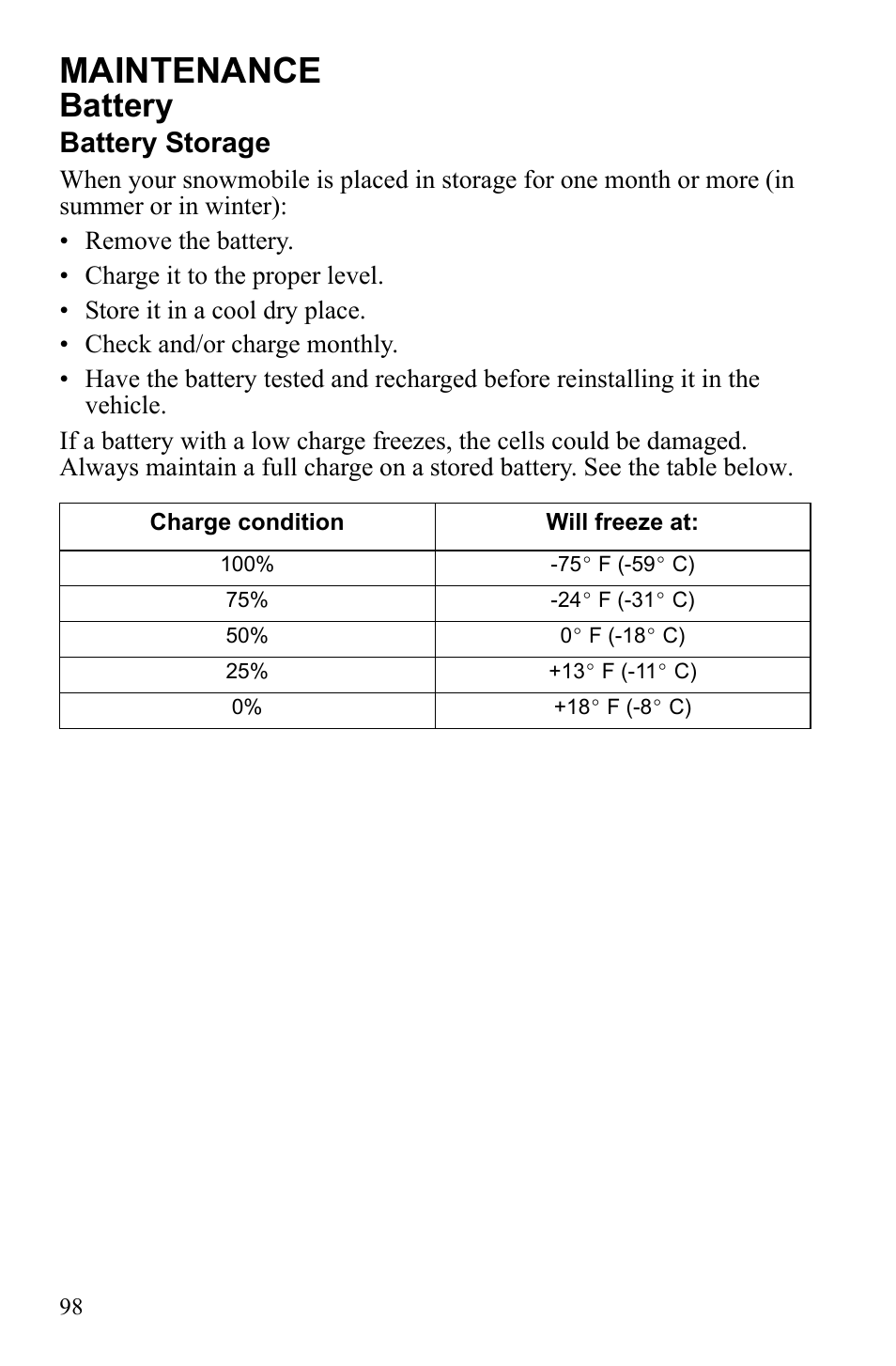 Maintenance, Battery, Battery storage | Polaris Widetrack LX User Manual | Page 101 / 127