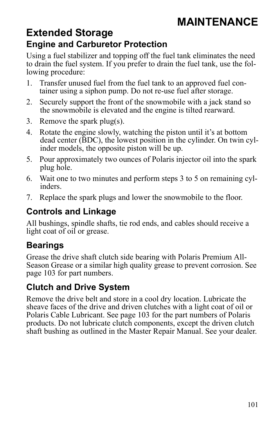 Maintenance, Extended storage | Polaris Widetrack LX User Manual | Page 104 / 127