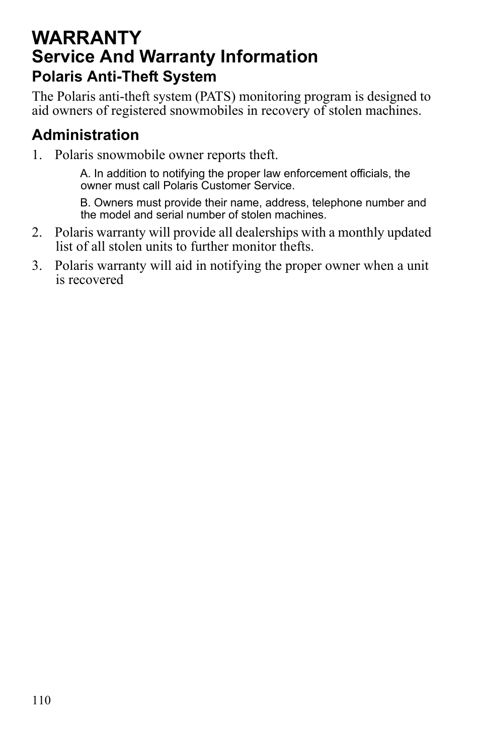 Warranty, Service and warranty information | Polaris Widetrack LX User Manual | Page 113 / 127