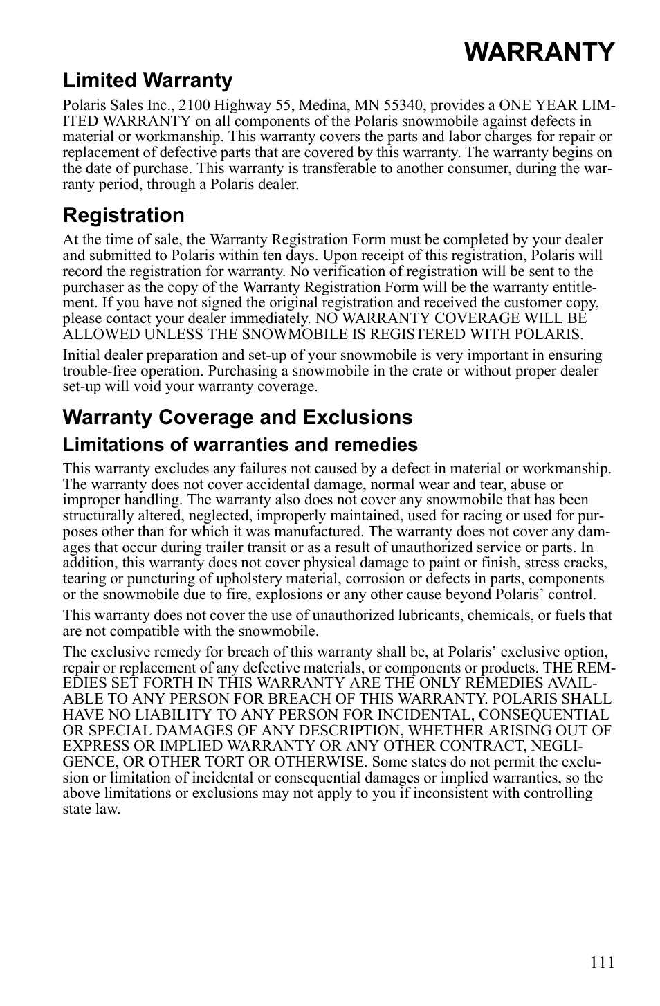 Warranty, Limited warranty, Registration | Warranty coverage and exclusions, Limitations of warranties and remedies | Polaris Widetrack LX User Manual | Page 114 / 127