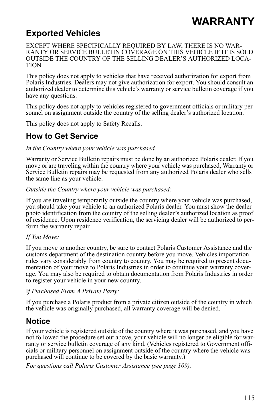 Warranty, Exported vehicles, How to get service | Notice | Polaris Widetrack LX User Manual | Page 118 / 127