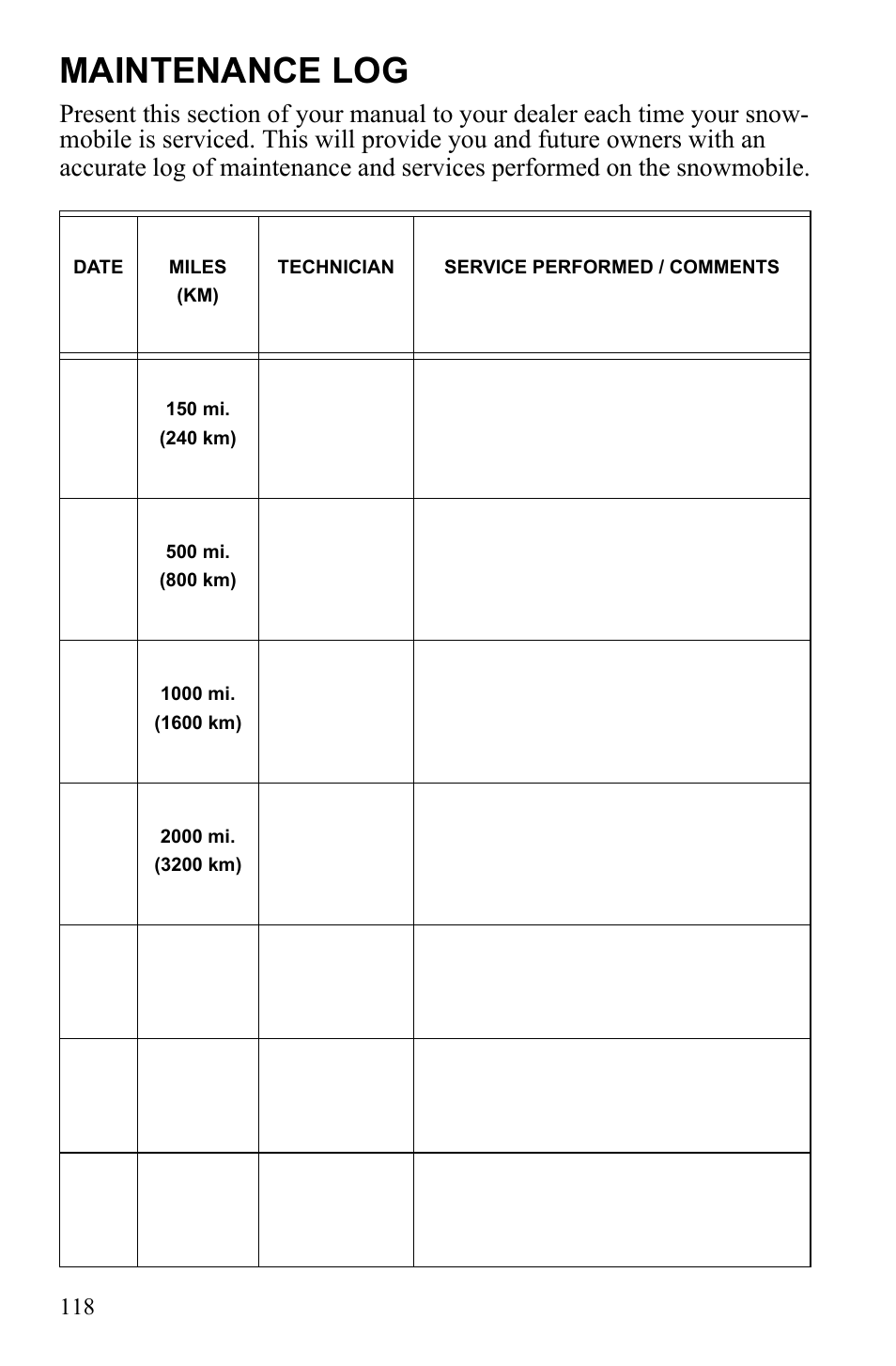 Maintenance log | Polaris Widetrack LX User Manual | Page 121 / 127