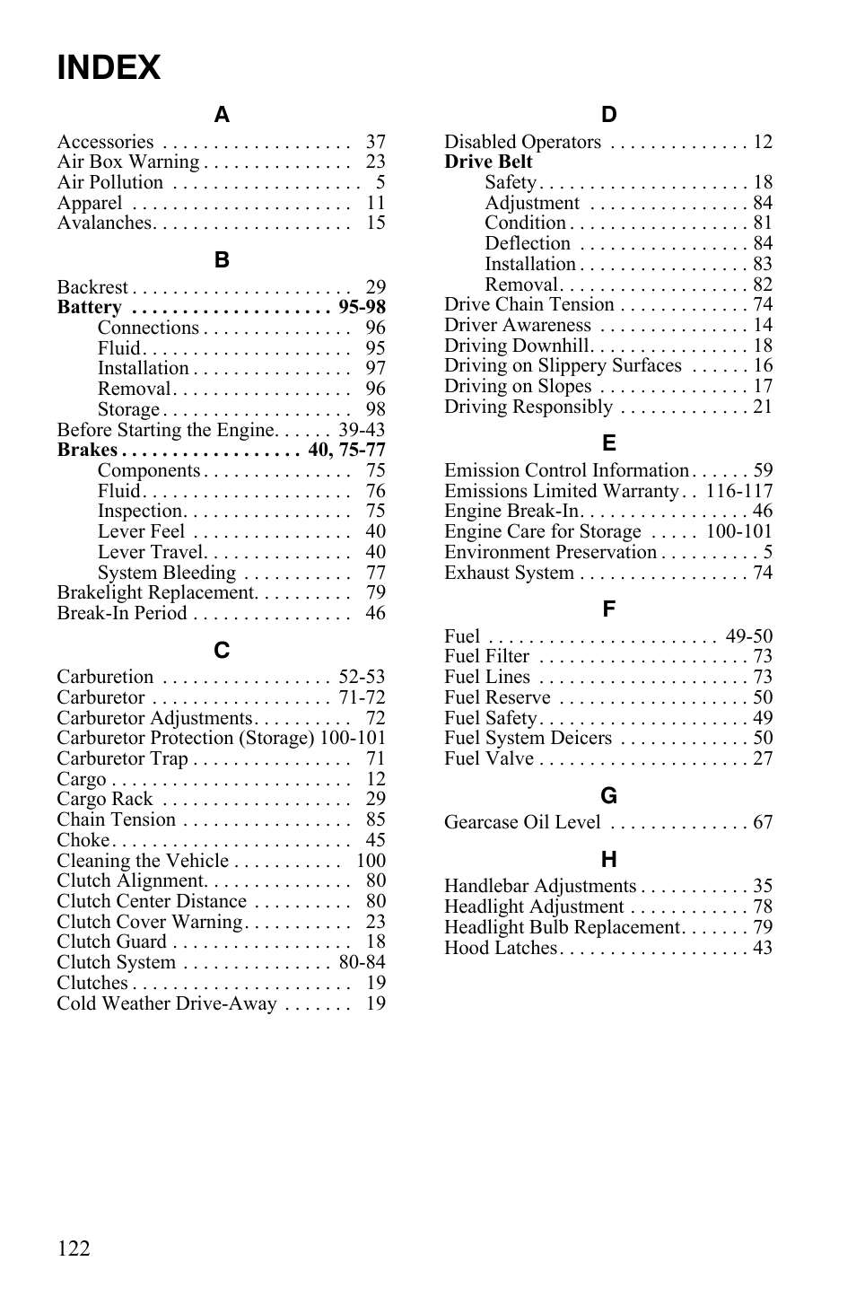 Index | Polaris Widetrack LX User Manual | Page 125 / 127